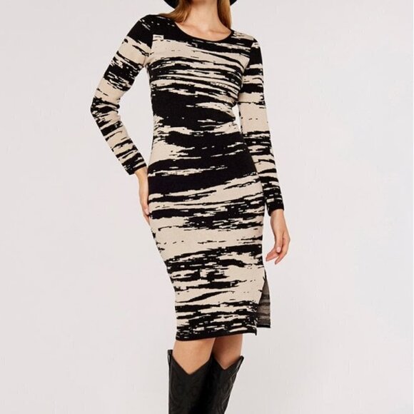 APRICOT Scenic Midi Knitted Dress. Size: 10 Color: Black And Cream - Picture 1 of 10